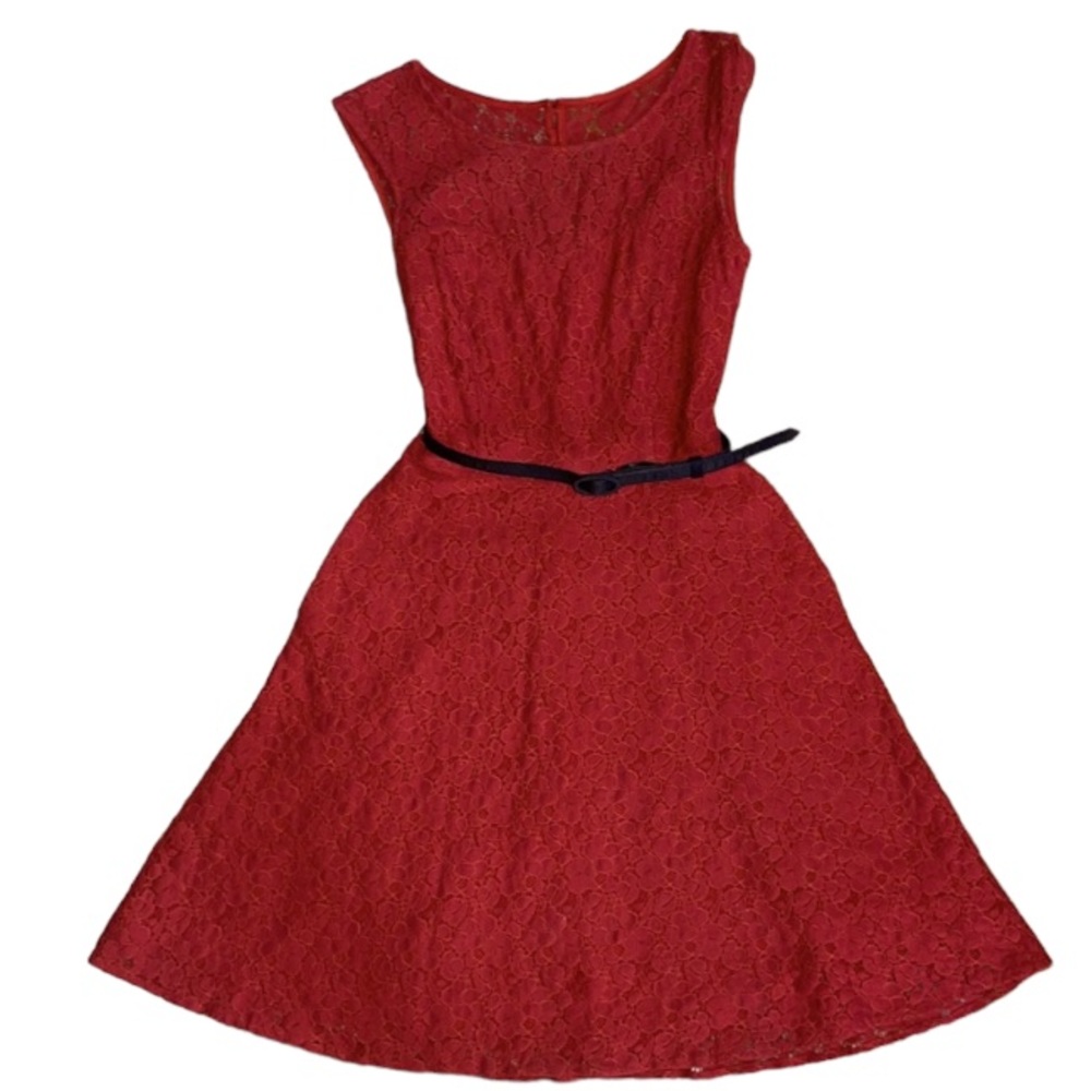 🍷WHITE HOUSE BLACK MARKET ORANGE RED RUST LACE MIDI DRESS w BELT